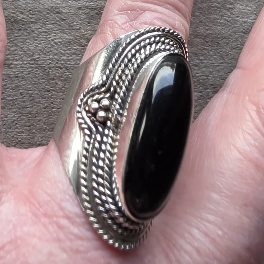 Long Black Onyx Boho Ring in 925 Sterling Silver (snug 9)